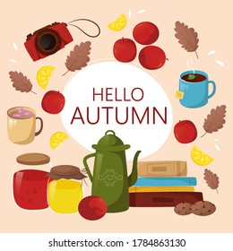 vector illustration Autumn background or banner. items on an isolated background. tea, kettle, books, honey, jam.
