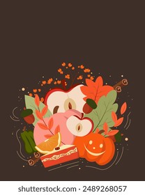 Ilustración vectorial. Fondo de otoño para tarjeta, Anuncio, cartel, embalaje. Hojas de otoño, calabazas, manzanas, viburnum, naranja, pastel. Acción de Gracias, Halloween, de vuelta a la escuela.