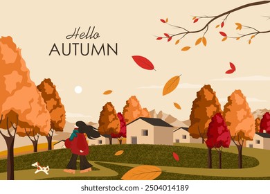 Ilustración vectorial. Fondo de otoño, cubierta, folleto, Anuncio Horizontal, fondo de Sitio web. Pueblo, bosque, casas, chica caminando con un perro. Diseño moderno.