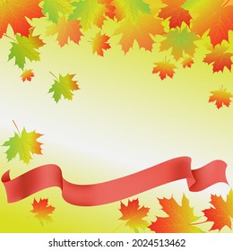 Vector illustration. Autumn background with flying leaves and ribbon