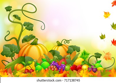 Vector illustration of Autumn background with fresh fruits and vegetables