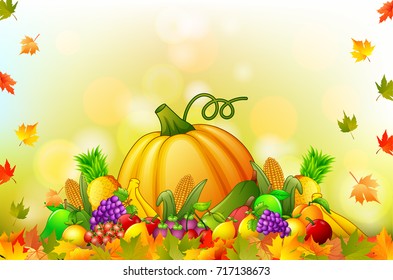 Vector illustration of Autumn background with fruit and leaves