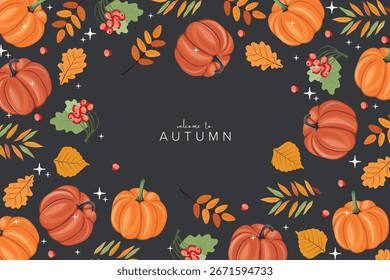 Ilustración vectorial. Fondo de otoño, calabazas y hojas de otoño. Diseño moderno.