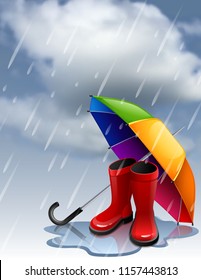 Vector illustration - Autumn background with rainbow umbrella and red gumboots. EPS 10