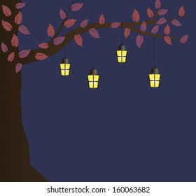vector illustration of autumn background of tree with hanging lantern