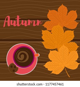 Vector illustration. Autumn background. Yellow leaves and a cup of coffee on a wooden background