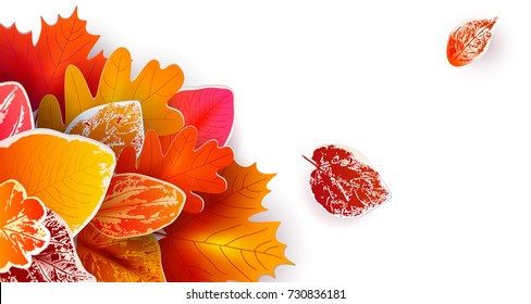 Vector Illustration. Autumn Banner Background with Falling hand drawn stamp Leaves. Paper art. Cut design. Bright red and orange colors