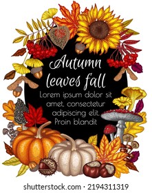 Vector illustration of autumn banner template. Maple leaf, chestnut, rowan, fallen leaves, berries, acorns, physalis, maple seeds, sunflower, pumpkin, ginkgo