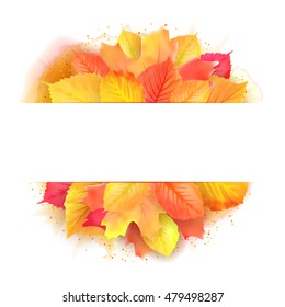 Vector illustration of autumn banner with watercolor imitation leaf. Template for greeting card. Not trace.