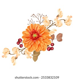 Vector illustration of an autumn bouquet featuring a bright orange dahlia flower, dry twigs, berries, and brown leaves. A soft, natural arrangement with a fall-inspired color palette.