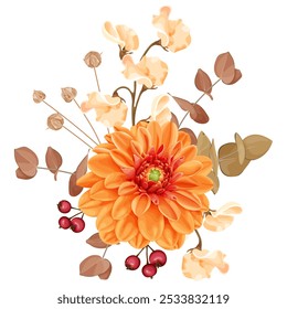 Vector illustration of an autumn bouquet featuring a bright orange dahlia flower, dry twigs, berries, and brown leaves. A soft, natural arrangement with a fall-inspired color palette.