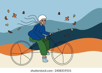Vector illustration. Autumn cartoon background. A young girl cyclist rides a bicycle against the background of hills. Falling leaves. Active recreation concept.