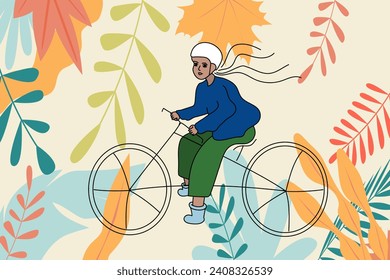 Vector illustration. Autumn cartoon background. A young girl cyclist rides a bicycle on autumn leaves. Falling leaves. Active recreation concept.