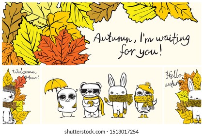 Vector illustration of autumn cat, bear, rabbit and owl for invitation, greeting card design, t-shirt print, inspiration poster.