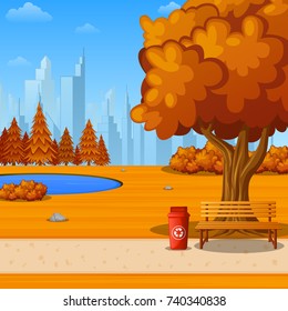 Vector illustration of Autumn city park with bench under big tree and city background