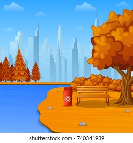 Vector illustration of Autumn city park with bench and trash bin near the river 