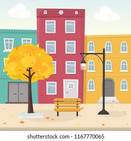 Vector illustration of autumn city street with yellow tree and falling leaves. Multi colored buildings in the row. Flat cartoon design town. EPS 10