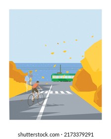 Vector illustration of autumn city street landscape train and seaside.Japan Autumn or summer landscape at the sea with train and  falling flower.A man riding bicycle freely.Clean and nice scene 