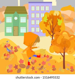 Vector illustration of autumn city yard with bright foliage trees, girl playing with autumn leaves, houses, pigeon and sparrows