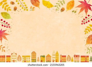 Vector illustration of autumn cityscape and autumn leaves