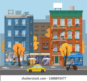 Vector illustration of autumn cityscape. Rainy weather in the city. Laundry, cafe and book shops, taxi, scooter. Yellow trees. Flat style.