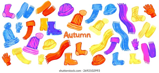 Vector illustration of autumn clothes set with scarves, hats, gloves, and boots. Hand drawn warm accessories collection isolated on white background.