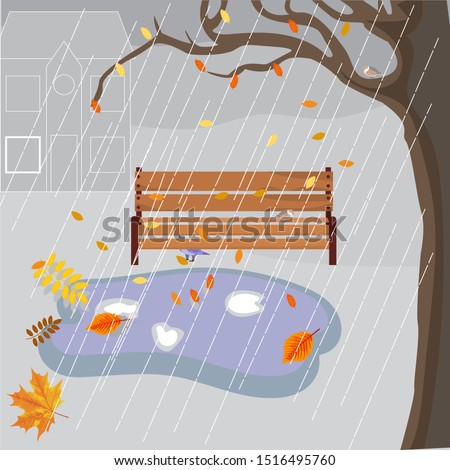 Vector illustration of autumn cold rain, gloomy, wet bench, hidden birds, falling autumn leaves, gloomy sky