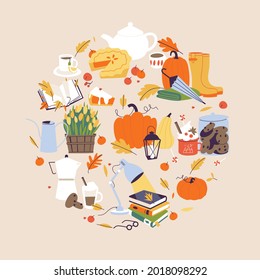 Vector illustration autumn collection. Fall cozy style. Decorative set of autumn elements and accessories.