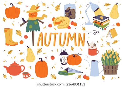 Vector illustration autumn collection. Fall cozy style. Decorative set of autumn elements and accessories