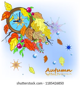 Vector illustration of autumn composition with clock abd faling leaves