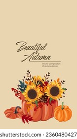 Vector illustration. Autumn composition. Design for banner, packaging, poster, flyer. Thanksgiving, Halloween, harvest festival. Vertical banner