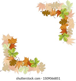 Vector illustration of autumn composition. Frame made of colorfull dried leaves. Autumn, fall concept.Top view,  Flat lay.
