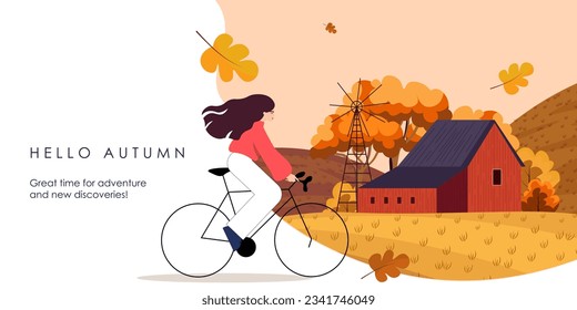 Ilustración vectorial. Composición otoñal, diseño de página de aterrizaje, ciclista en la naturaleza, otoño, hola otoño, día ciclista mundial. Diseño para sitio web, banner web, volante.