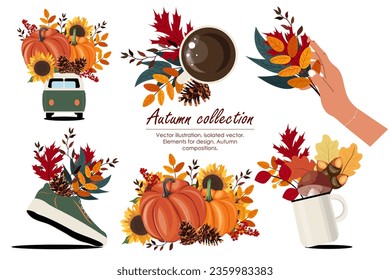 Vector illustration. Autumn composition set. Set of stickers, design elements. Thanksgiving, Autumn Harvest, Cozy Autumn.
