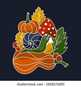 Vector illustration. Autumn composition with snail,  mushrooms, leaves, berries and pumpkins.