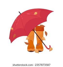 
Vector illustration of autumn composition. Yellow rubber boots under an umbrella strewn with dry leaves.