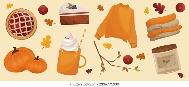 Ilustración vectorial. Cosquilleo otoñal, ropa cálida, suéter, vela, tarta de manzana y café, manzanas y un trozo de tarta, humor otoñal, conjunto de elementos de diseño, pegatinas. Vector aislado.