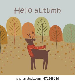 Vector illustration of autumn. Deer with scarf, autumn trees. The leaf fall.