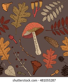 Vector Illustration of an Autumn Design with Autumnal leaves and mushrooms.