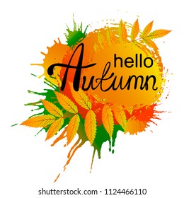 Vector illustration, Autumn   design with bright autumn leaves  simple background. Autumn  text.