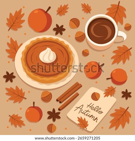 Vector illustration of autumn dessert pumpkin pie with whipped cream, cup of coffee, apples, spices and leaves. Ideal for recipes, banners, thanksgiving and cards