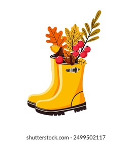 Vector illustration of autumn elements. boots, leaves, acorns, rowan, rain, drops, cloud, vector, for fabric, packaging, stationery, on a white background