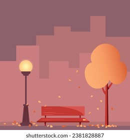 Vector illustration of autumn evening cityscape with a bench, a tree, shinig lantern, leaves and bildings on the background 