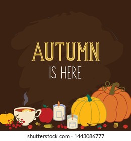 Vector illustration autumn fall berries, fruit, vegetables, candles, pumpkin. Seasonal lettering. Design. Template for placard, greeting postcard, design, flyer, presentation, web banner template