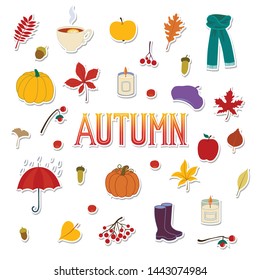 Vector illustration autumn fall leaves, berries, fruit, vegetables, clothes, candles, pumpkin. Seasonal lettering. Design. Template, placard, postcard, design, flyer, presentation, web banner template