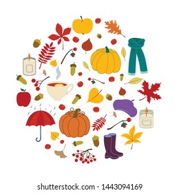 Vector illustration autumn fall leaves, berries, fruit, vegetables, clothes, candles, pumpkin. Seasonal design. Thanksgiving. Template, placard, greeting postcard, design, flyer, presentation, web