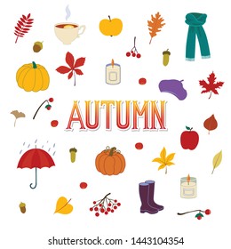 Vector illustration autumn fall leaves, berries, fruit, vegetables, candles, pumpkin. Seasonal lettering. Design. Template, placard, greeting postcard, design, flyer, presentation, web banner template
