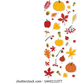 Vector illustration autumn fall leaves, berries, seasonal fruit, vegetables, clothes. Thanksgiving design. Template for placard, greeting postcard, design, flyer, presentation, web banner