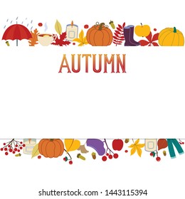 Vector illustration autumn fall leaves, berries, fruit, vegetables, clothes, candles, pumpkin. Seasonal lettering. Thanksgiving. Template, placard, greeting, design, flyer, presentation, web banner