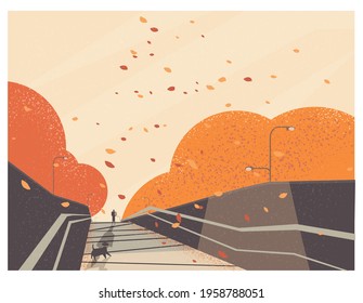 Vector illustration of Autumn or falls scene.Man handle shopping bag walking back home at the street.Happy dog waiting.Minimal landscape background.Lonely happy in Autumn